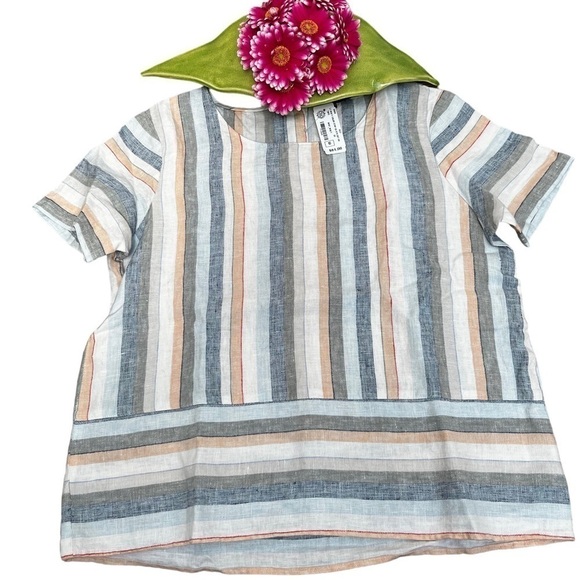 YEST Multi Stripe Short Sleeve Linen Blouse NWT - Picture 3 of 9